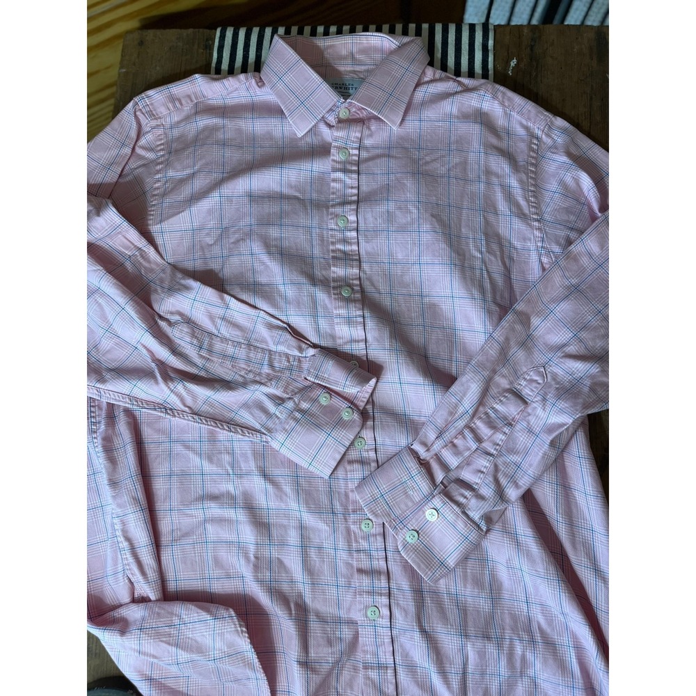 Charles Tyrwhitt Pink Blue Glen Plaid Dress Shirt 17/35in Cotton Spread Collar